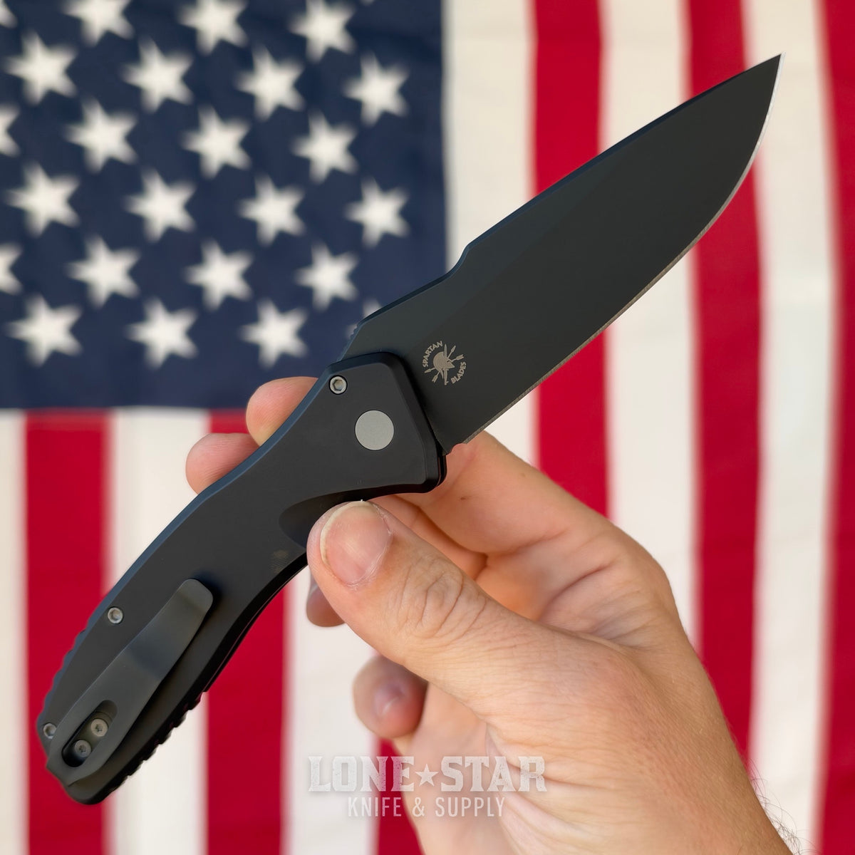 Pro-Tech Pallas Auto, Spartan Blades Collaboration, 3.7" DLC Black MagnaCut, Solid Black Aluminum - Made in USA (SB1103)