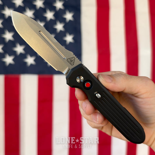 Pro-Tech PDW Invictus Auto, Prometheus Design Werx Collaboration, 3.47" Stonewash MagnaCut, Black Aluminum with Red G10 Button - Made in USA (1804)