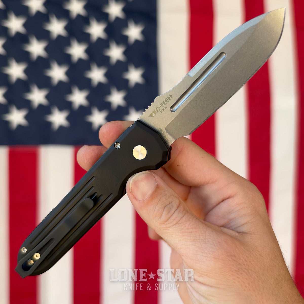 Pro-Tech PDW Invictus Auto, Prometheus Design Werx Collaboration, 3.47" Stonewash MagnaCut, Black Aluminum with Red G10 Button - Made in USA (1804)