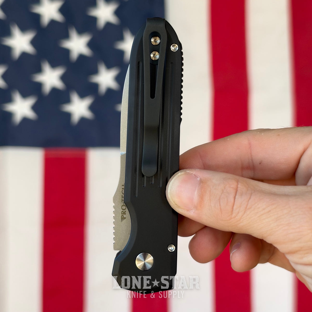 Pro-Tech PDW Invictus Auto, Prometheus Design Werx Collaboration, 3.47" Stonewash MagnaCut, Black Aluminum with Red G10 Button - Made in USA (1804)