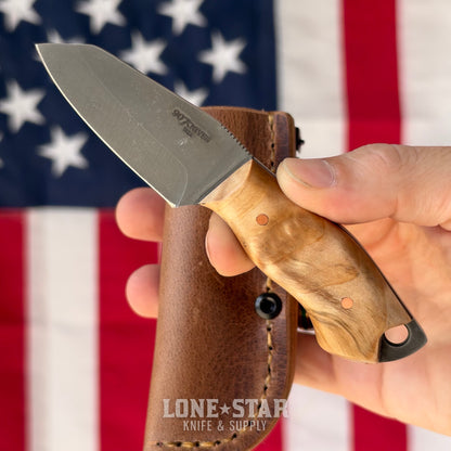 907Knives ADAK, 2.3" 14C28N Fixed Blade, Birch Burl with Black G10 Liner, Buffalo Leather Sheath with UltiClip - Made in USA (ADAK-BIRCHBURL-LEATHER)