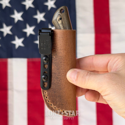 907Knives ADAK, 2.3" AEB-L Fixed Blade, Segmented Richlite with Micarta Liner, Buffalo Leather Sheath with UltiClip - Made in USA (ADAK-RICHLITE-SEG-LEATHER)