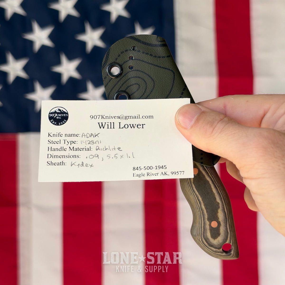 907Knives ADAK, 2.3" 14C28N Fixed Blade, Richlite with Copper Pins, Dark Green Topo Kydex - Made in USA (ADAK-RICHLITE-DKGREEN-COPPER)