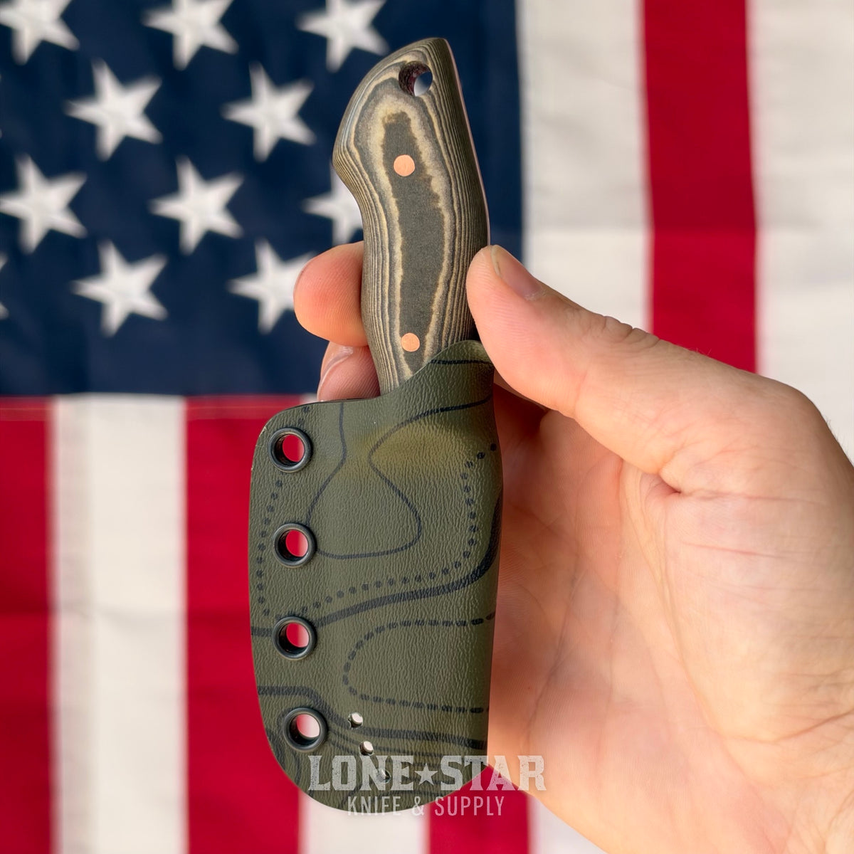 907Knives ADAK, 2.3" 14C28N Fixed Blade, Richlite with Copper Pins, Dark Green Topo Kydex - Made in USA (ADAK-RICHLITE-DKGREEN-COPPER)