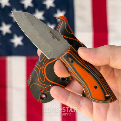 907Knives ADAK, 2.3" 14C28N Fixed Blade, Orange G10, Black and Orange Topo Kydex - Made in USA (ADAK-G10-ORANGE-TOPO)