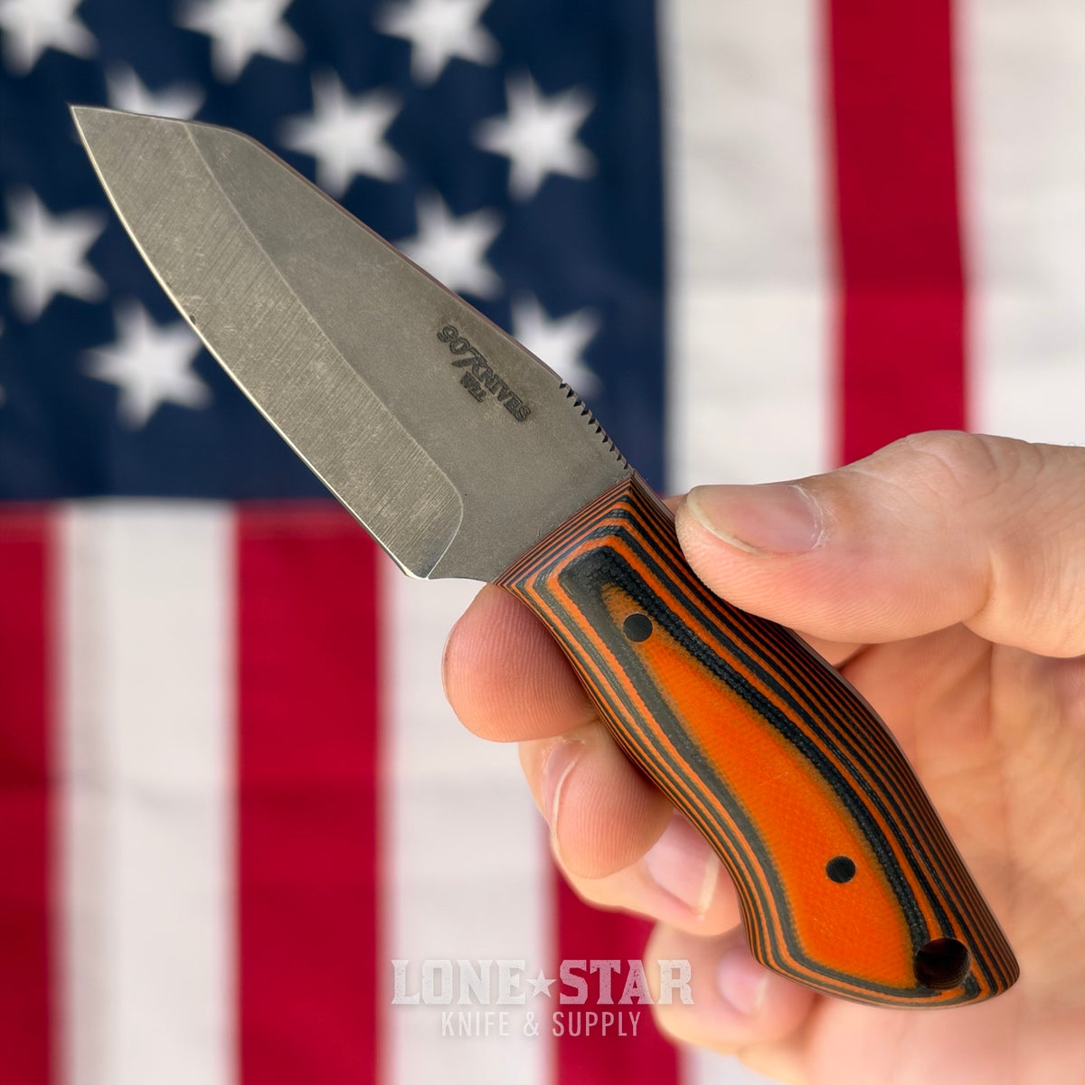 907Knives ADAK, 2.3" 14C28N Fixed Blade, Orange G10, Black and Orange Topo Kydex - Made in USA (ADAK-G10-ORANGE-TOPO)