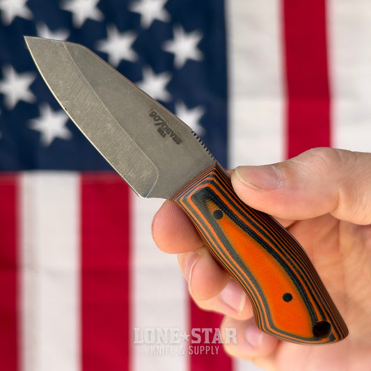 907Knives ADAK, 2.3" 14C28N Fixed Blade, Orange G10, Black and Orange Topo Kydex - Made in USA (ADAK-G10-ORANGE-TOPO)