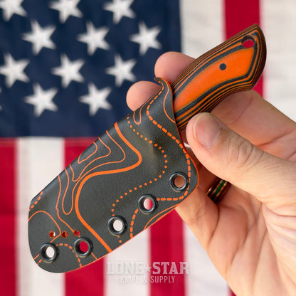 907Knives ADAK, 2.3" 14C28N Fixed Blade, Orange G10, Black and Orange Topo Kydex - Made in USA (ADAK-G10-ORANGE-TOPO)
