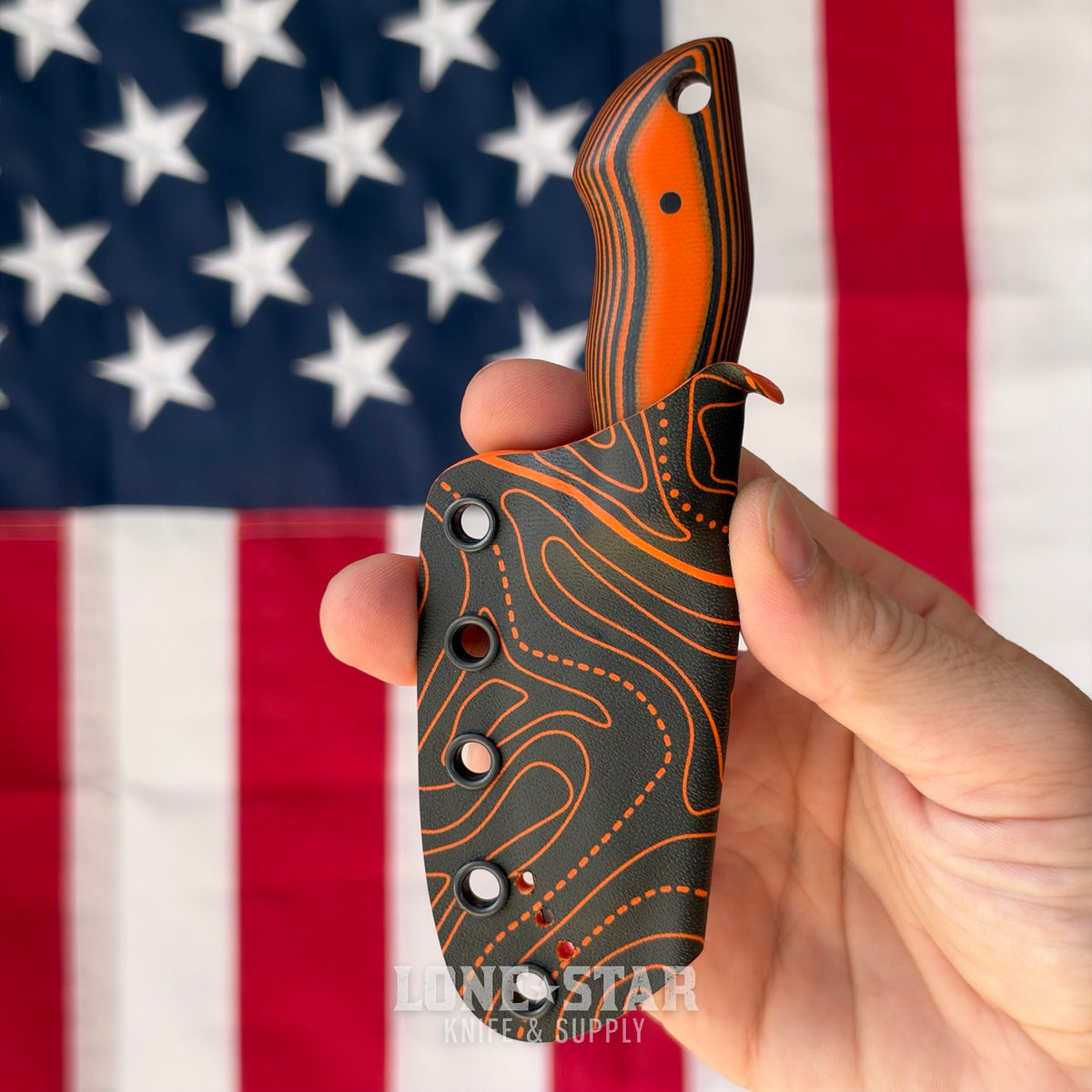 907Knives ADAK, 2.3" 14C28N Fixed Blade, Orange G10, Black and Orange Topo Kydex - Made in USA (ADAK-G10-ORANGE-TOPO)