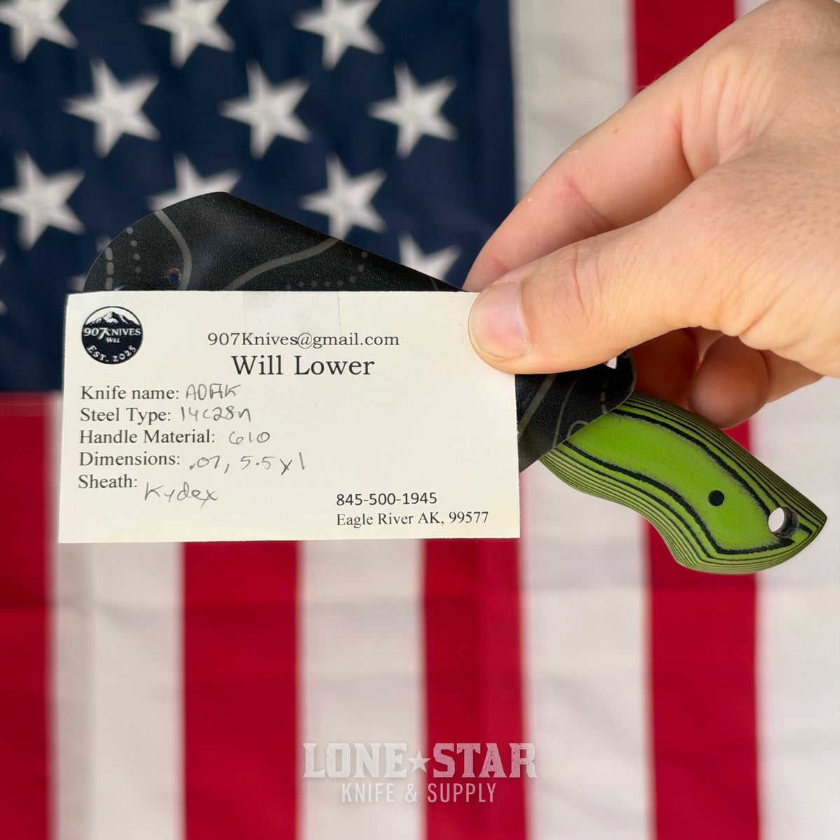 907Knives ADAK, 2.3" 14C28N Fixed Blade, Green G10, Black Topo Kydex - Made in USA (ADAK-G10-GREEN-TOPO)