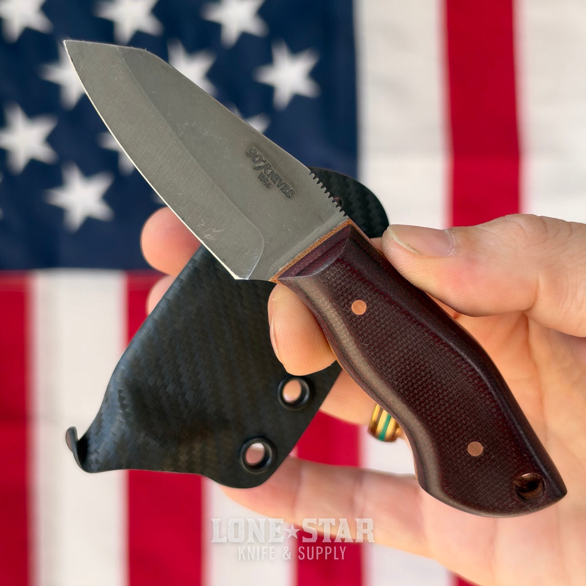 907Knives ADAK, 2.3" 14C28N Fixed Blade, Micarta with Micarta Liner, Carbon Fiber Style Kydex - Made in USA (ADAK-MICARTA-CF)