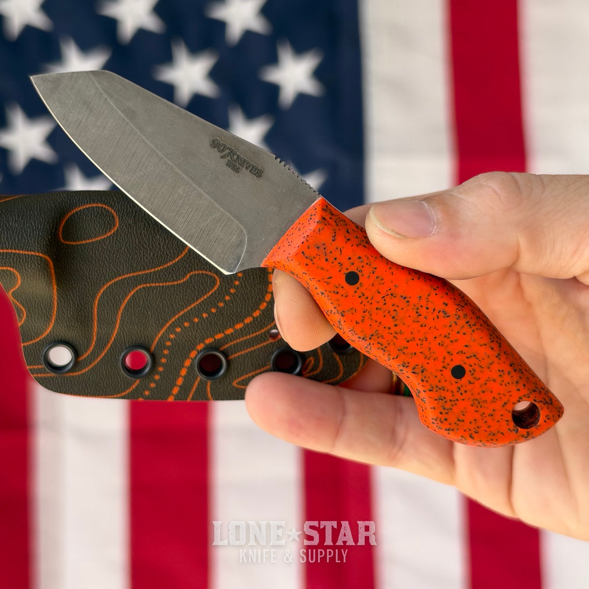 907Knives ADAK, 2.3" 14C28N Fixed Blade, Orange GripX, Black and Orange Topo Kydex - Made in USA (ADAK-GRIPX-ORANGE-TOPO)