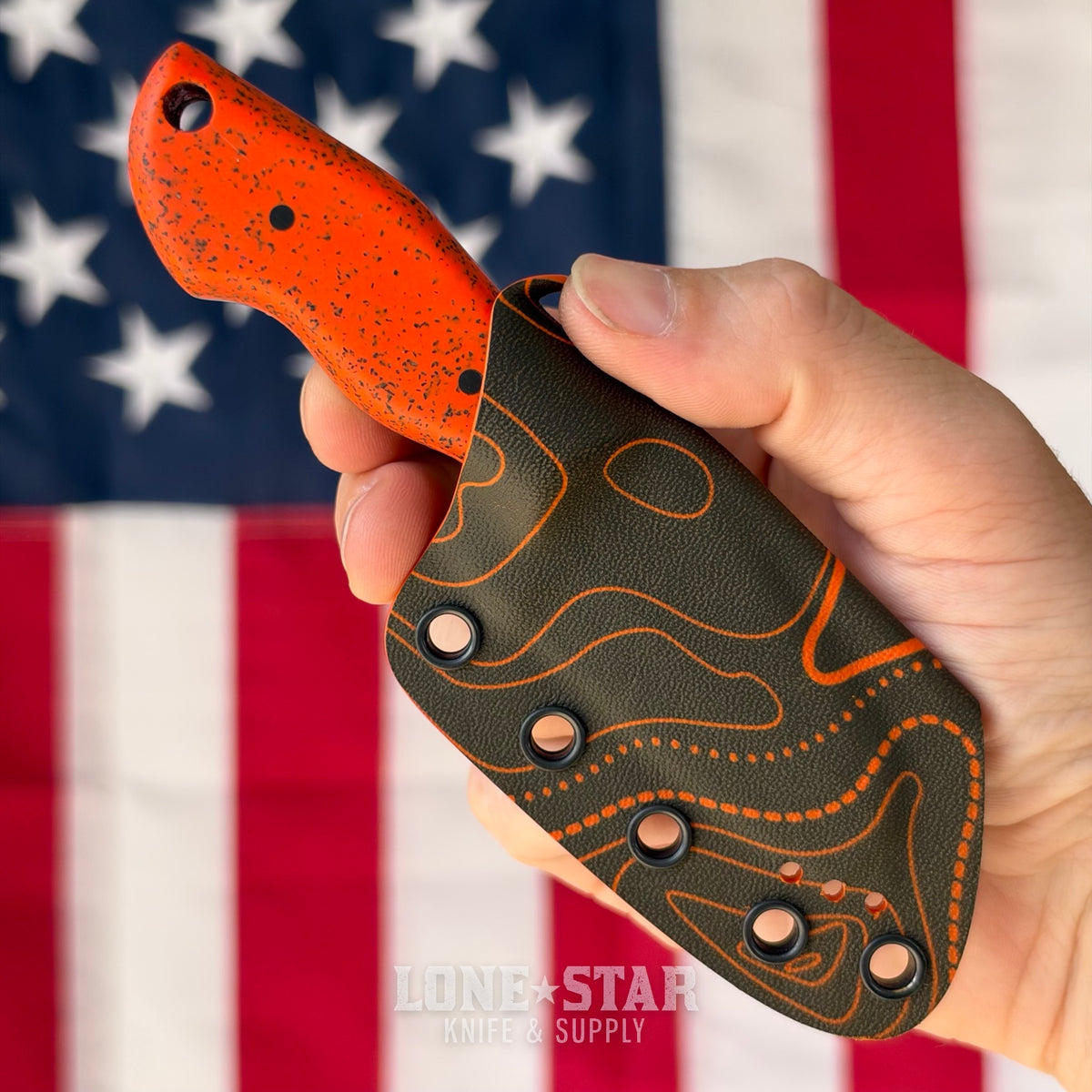 907Knives ADAK, 2.3" 14C28N Fixed Blade, Orange GripX, Black and Orange Topo Kydex - Made in USA (ADAK-GRIPX-ORANGE-TOPO)