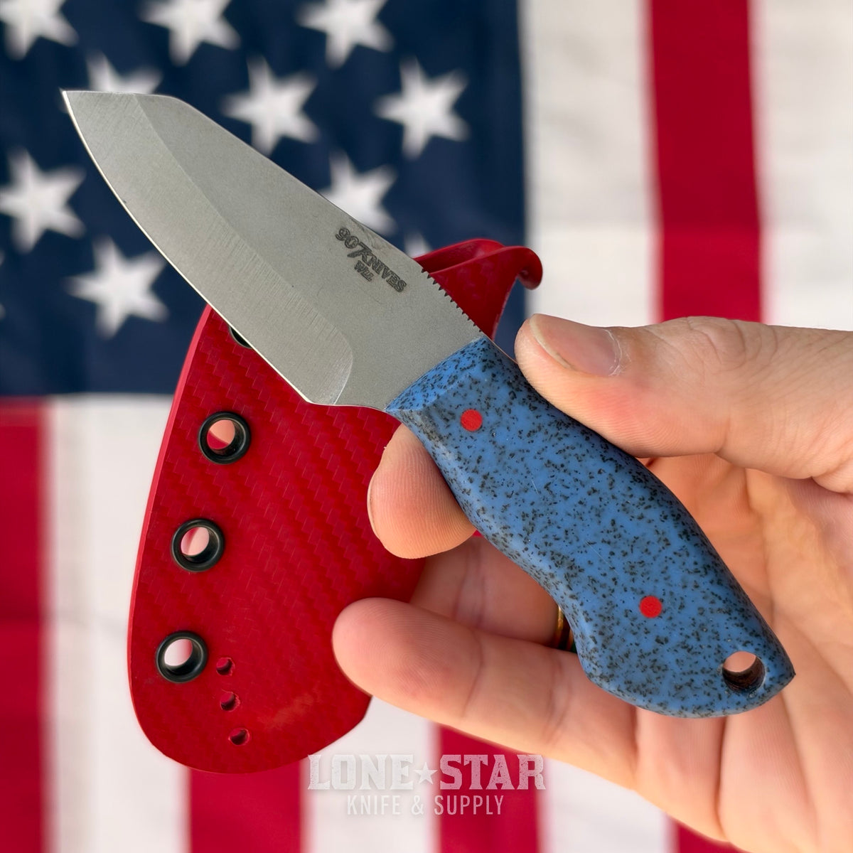 907Knives ADAK, 2.3" 14C28N Fixed Blade, GripX, Red Carbon Fiber Style Kydex - Made in USA (ADAK-GRIPX-RED-CF)