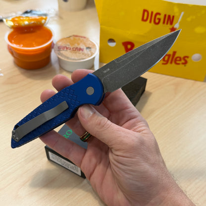 Pro-Tech TR-3 Auto – Blue Fish Scale Handle, 154CM Acid Wash, White Pearl Button – Serialized/115 – Made in USA (BSA26.TR3.1)