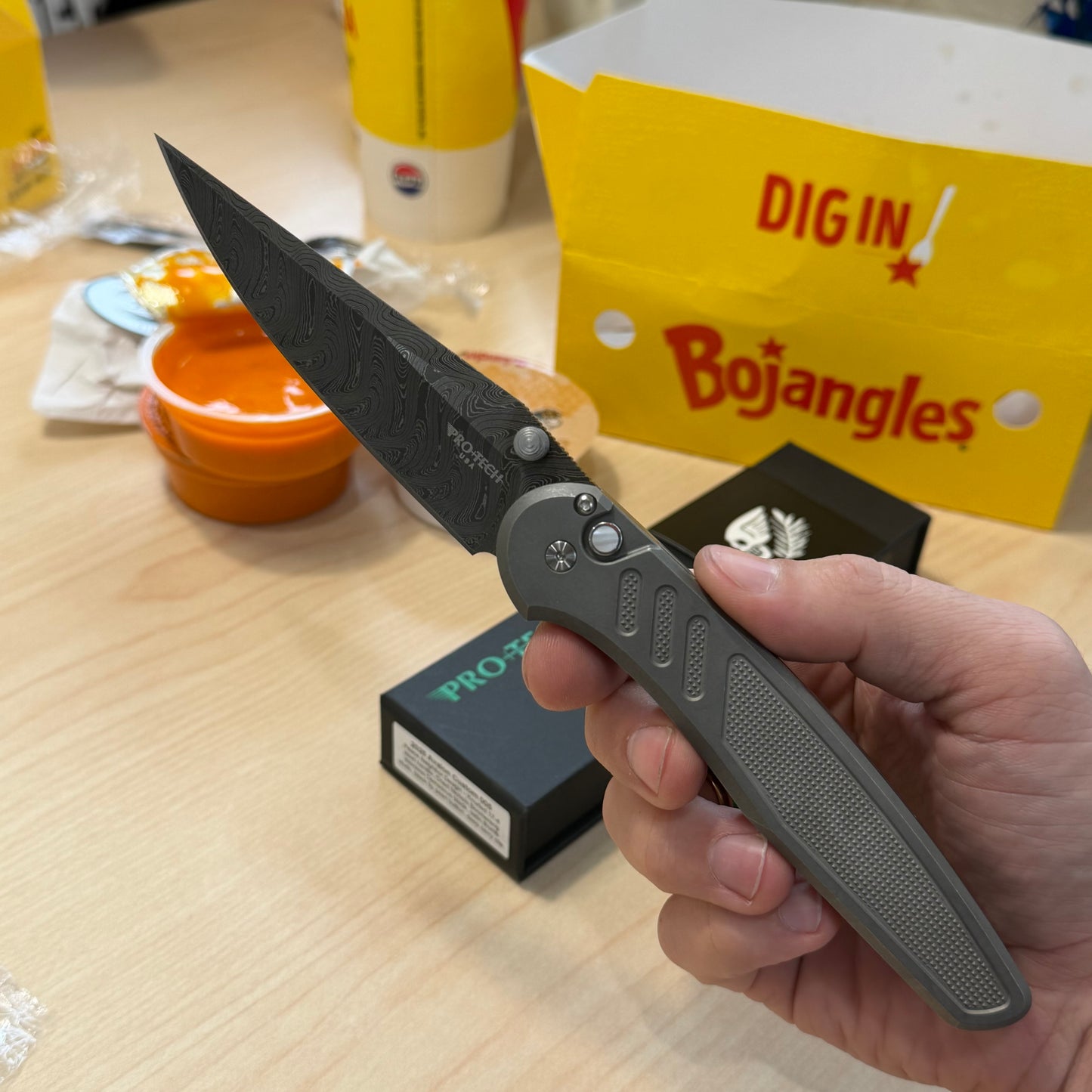 Pro-Tech Avalon Custom 005 4.25" Manual – 17-4 Heat Treated Steel Handle, Chad Nichols Boomerang Damascus – Serialized/60 – Made in USA