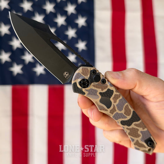 Heretic Mini Pariah Manual Duck Camo, 3.36" MagnaCut Black Clip Point, Glass Packed Polymer Chassis - Made in USA (H052-DC)