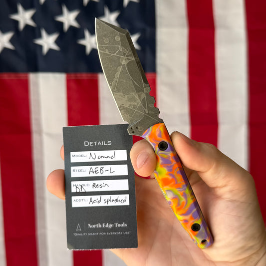 North Edge Tools Nomad 3" Fixed Blade – Acid Splash AEB-L, Pourcasso Orange/Purple Resin Scales – Made in USA