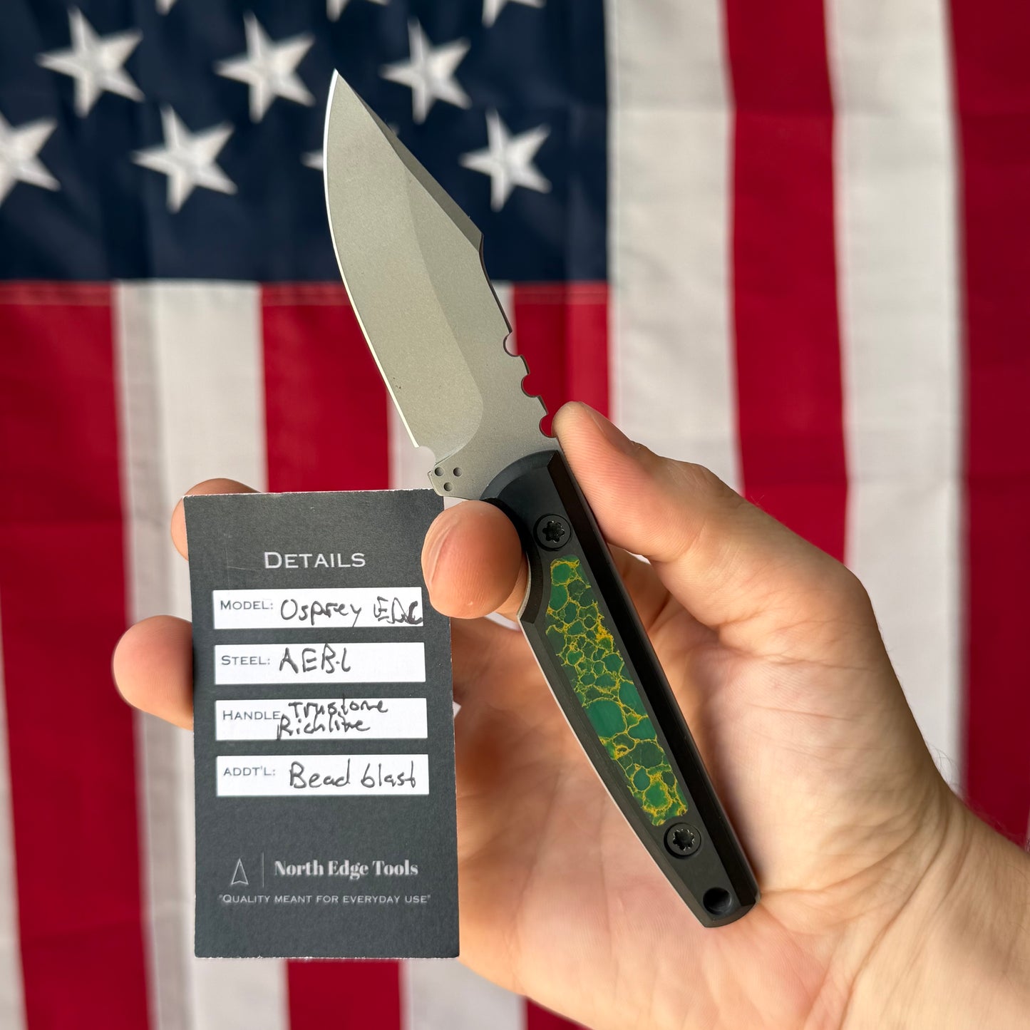 North Edge Tools Osprey EDC 3" Fixed Blade – Bead Blast AEB-L, TruStone Arizona Jade Inlay, Black Diamond Richlite – Made in USA