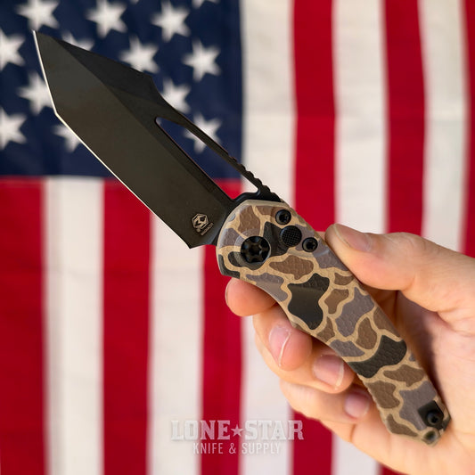 Heretic Mini Pariah Manual Duck Camo, 3.36" MagnaCut Black Tanto, Glass Packed Polymer Chassis - Made in USA (H053-DC)