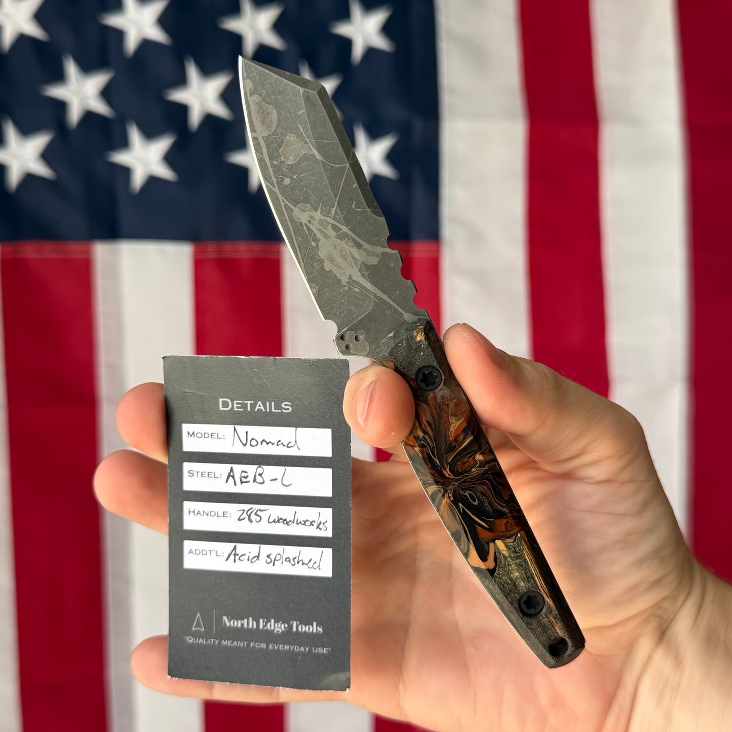 North Edge Tools Nomad 3" Fixed Blade – Acid Splash AEB-L, 285 Woodworks Maple Burl Hybrid Scales – Made in USA