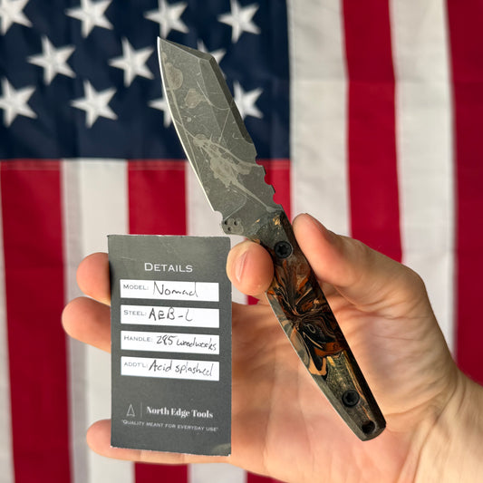 North Edge Tools Nomad 3" Fixed Blade – Acid Splash AEB-L, 285 Woodworks Maple Burl Hybrid Scales – Made in USA