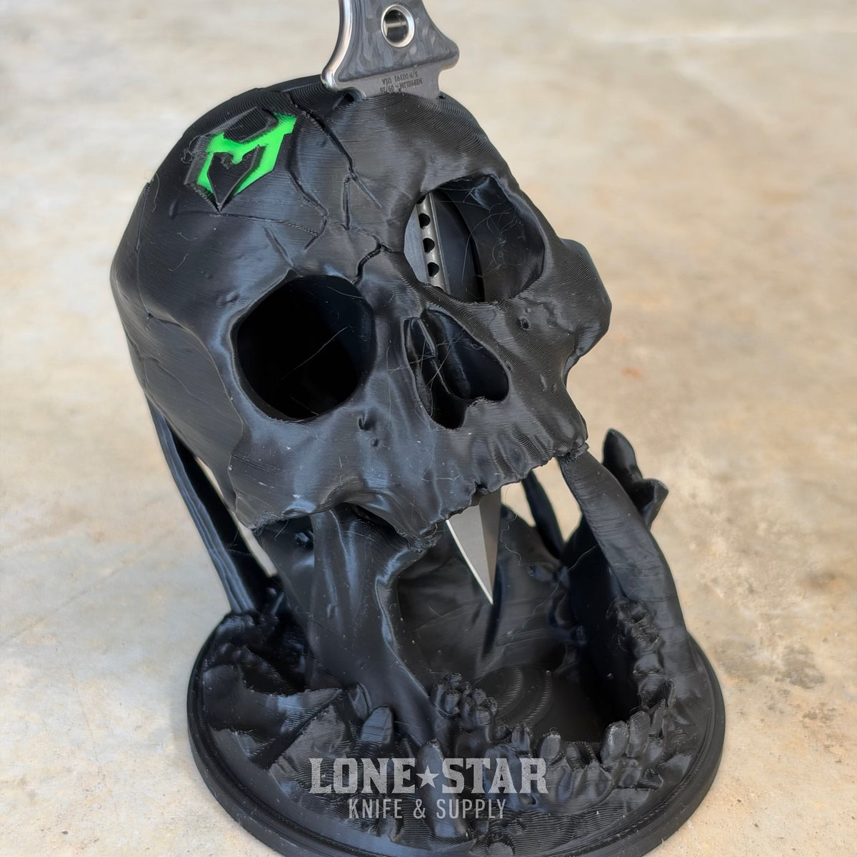 Lone Star Bundle: Heretic Mini Nephilim Serrated and Display Skull, Black - 4" MagnaCut Dagger plus Stand - Made in USA (LSB-NEPHILIM-SKULL-SERRATED-BLACK)