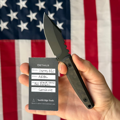 North Edge Tools Osprey EDC 3" Fixed Blade – Graphite Black Cerakote AEB-L, Black Camo Fat Carbon Scales – Made in USA