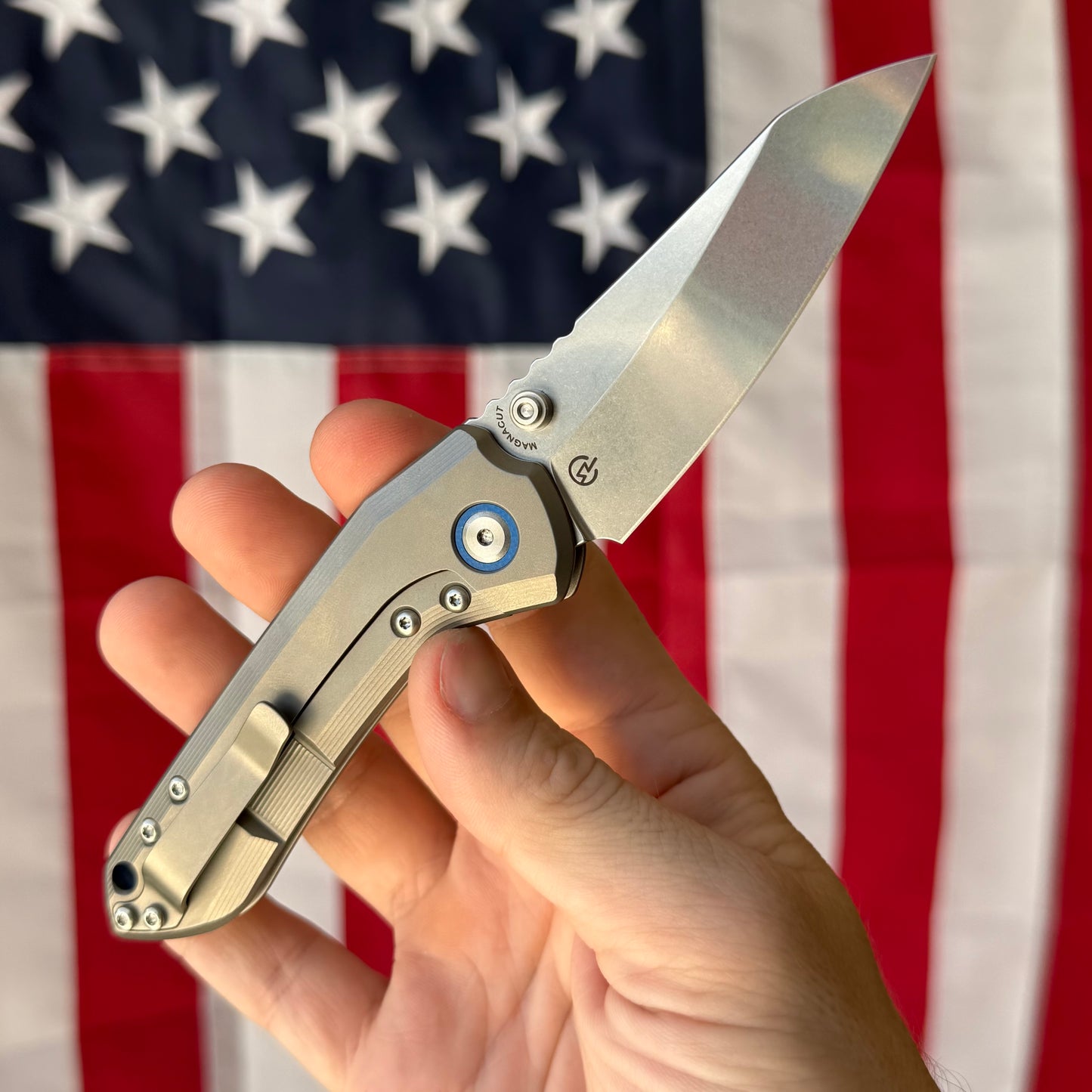 Millit Overland Folder 3.17″ Ti Frame Lock – Full Titanium Handle, Blue Backspacer & Pivot Collar, Magnacut Sheepsfoot – Made in USA