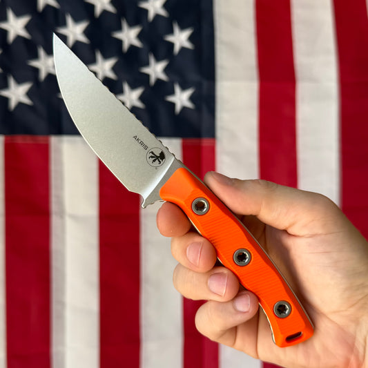 Microtech Akris 3.7" Fixed Blade – Ember G10, M390MK Stonewash, Leather Sheath – Made in USA (95-10EM-1)