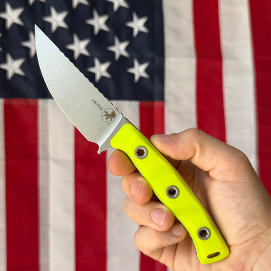 Microtech Akris 3.7" Fixed Blade – High Visibility G10, M390MK Stonewash, Leather Sheath – Made in USA (95-10HV-1)