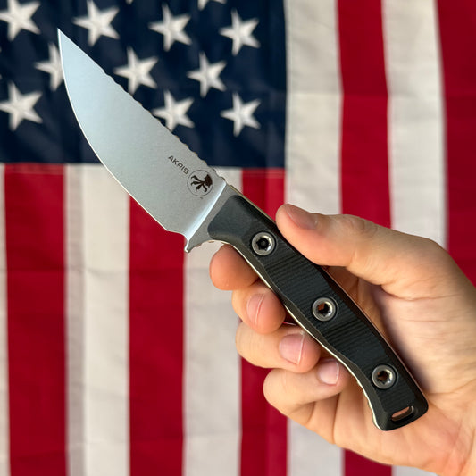 Microtech Akris 3.7" Fixed Blade – Black G10, M390MK Stonewash, Leather Sheath – Made in USA (95-10BK-1)