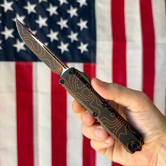 Microtech Ultratech Gen IV 3.46" OTF S/E – Topographic Black/Orange Camo, M390MK – Made in USA (11214-1TPBKORCS)