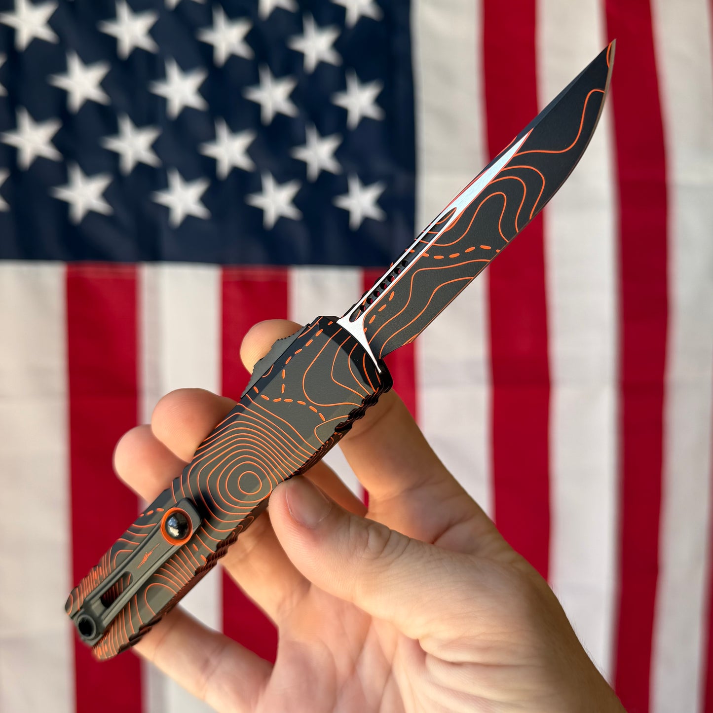 Microtech Ultratech Gen IV 3.46" OTF S/E – Topographic Black/Orange Camo, M390MK – Made in USA (11214-1TPBKORCS)