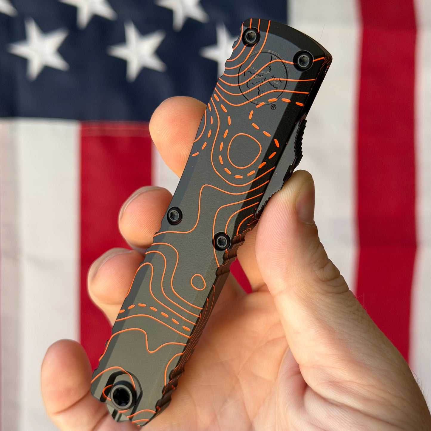 Microtech Ultratech Gen IV 3.46" OTF S/E – Topographic Black/Orange Camo, M390MK – Made in USA (11214-1TPBKORCS)