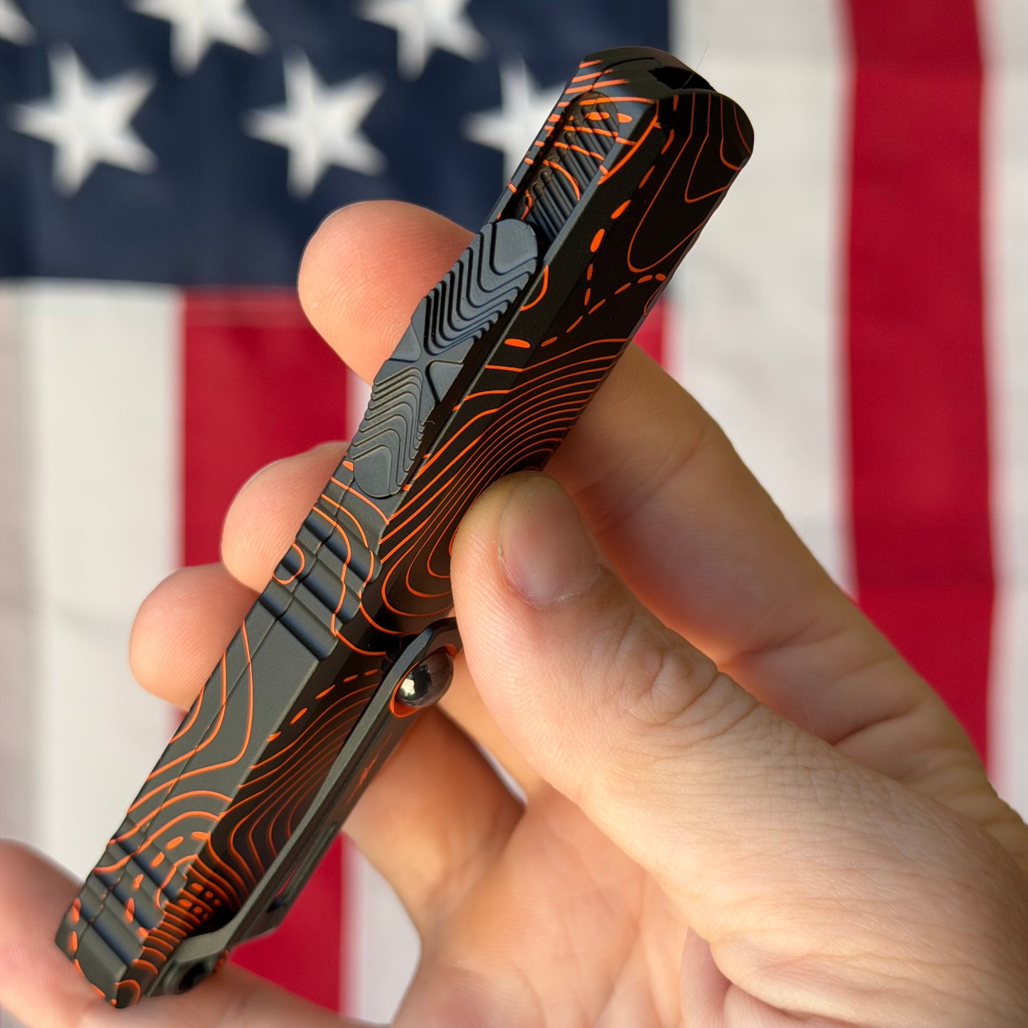 Microtech Ultratech Gen IV 3.46" OTF S/E – Topographic Black/Orange Camo, M390MK – Made in USA (11214-1TPBKORCS)