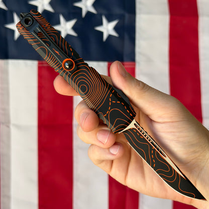 Microtech Ultratech Gen IV 3.46" OTF S/E – Topographic Black/Orange Camo, M390MK – Made in USA (11214-1TPBKORCS)