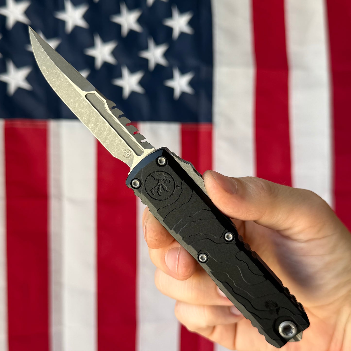 Microtech UTX-85 Gen IV Signature Series 3.11" OTF – Interceptor Blade, Black Topographic Deep Engraved Handle, M390MK Apocalyptic – BSA26 – Made in USA (12354TP-10APS)