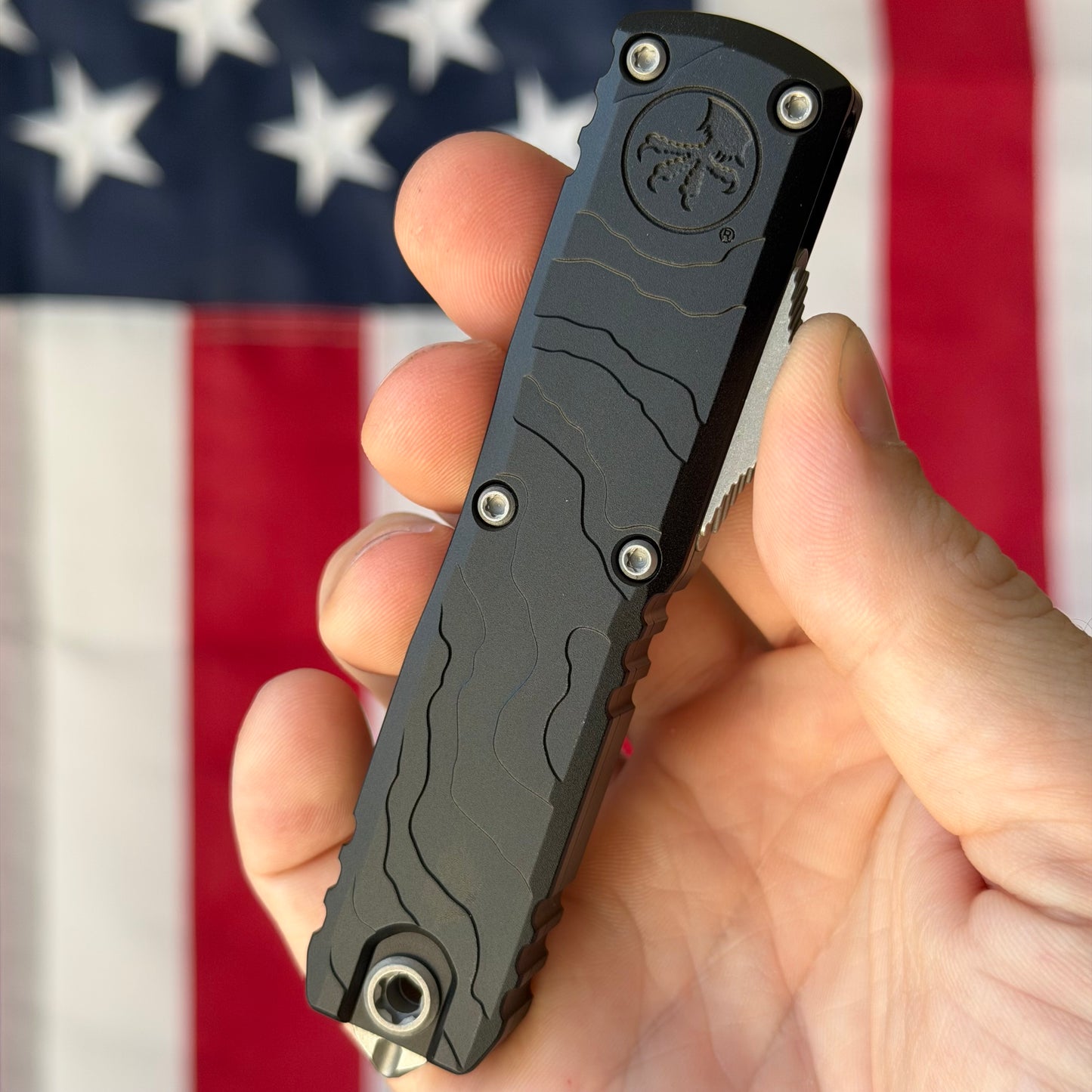 Microtech UTX-85 Gen IV Signature Series 3.11" OTF – Interceptor Blade, Black Topographic Deep Engraved Handle, M390MK Apocalyptic – BSA26 – Made in USA (12354TP-10APS)