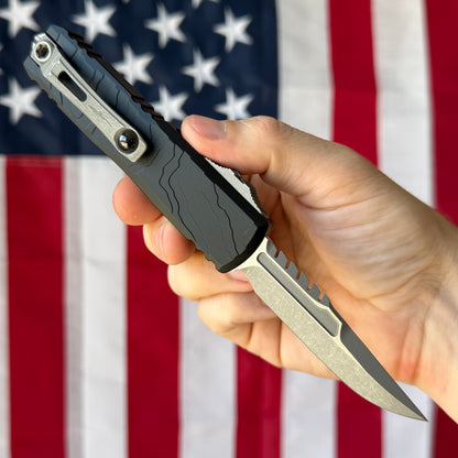 Microtech UTX-85 Gen IV Signature Series 3.11" OTF – Interceptor Blade, Black Topographic Deep Engraved Handle, M390MK Apocalyptic – BSA26 – Made in USA (12354TP-10APS)