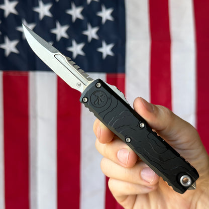 Microtech UTX-85 Gen IV Signature Series 3.11" OTF – Interceptor Blade, Black Topographic Deep Engraved Handle, M390MK Stonewash – BSA26 – Made in USA (12354TP-10S)