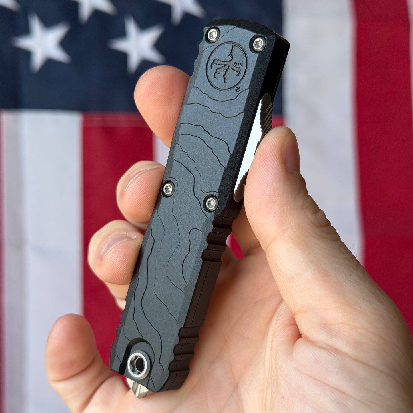 Microtech UTX-85 Gen IV Signature Series 3.11" OTF – Interceptor Blade, Black Topographic Deep Engraved Handle, M390MK Stonewash – BSA26 – Made in USA (12354TP-10S)