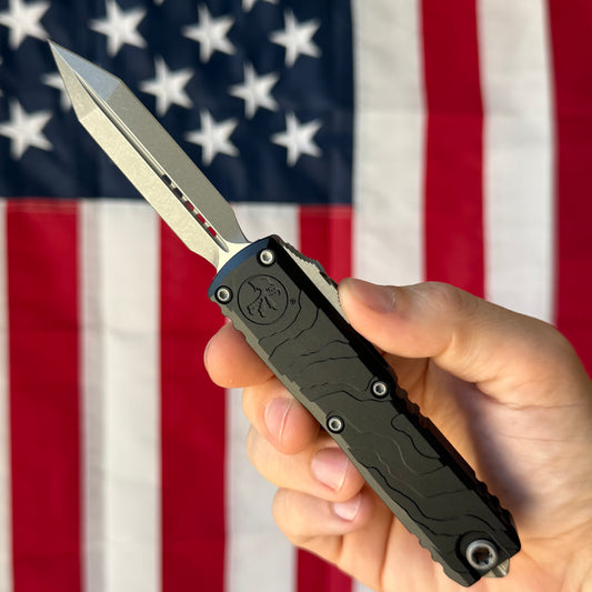 Microtech UTX-85 Gen IV 3.11" OTF – Spartan Blade, Black Topographic Deep Engraved Handle, M390MK Apocalyptic – BSA26 – Made in USA (12304TP-10AP)