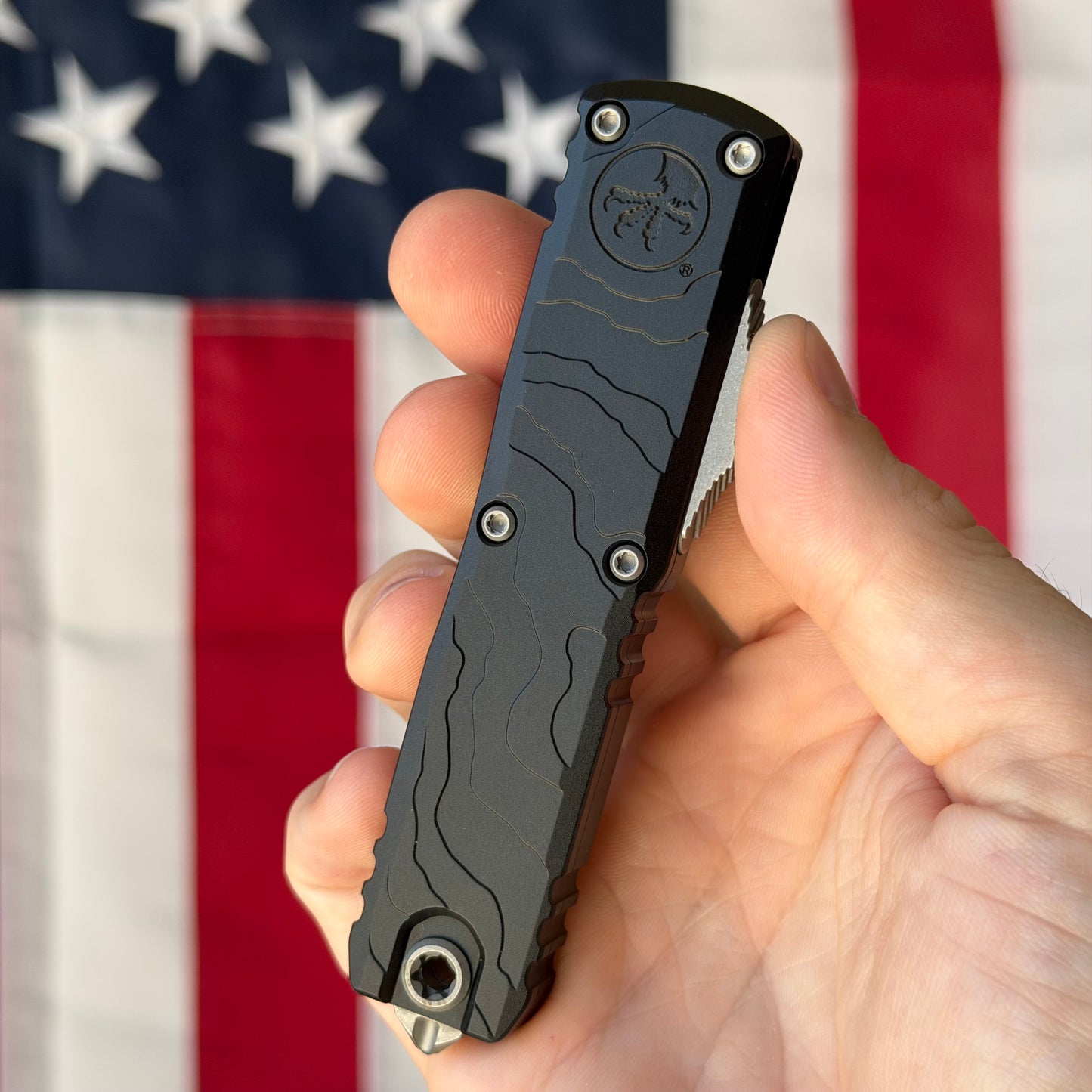 Microtech UTX-85 Gen IV 3.11" OTF – Spartan Blade, Black Topographic Deep Engraved Handle, M390MK Apocalyptic – BSA26 – Made in USA (12304TP-10AP)