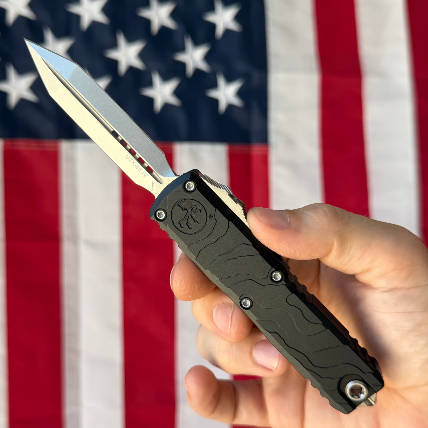 Microtech UTX-85 Gen IV 3.11" OTF – Spartan Blade, Black Topographic Deep Engraved Handle, M390MK Stonewash – BSA26 – Made in USA (12304TP-10)