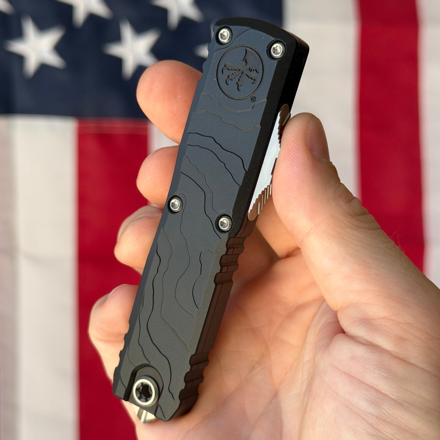 Microtech UTX-85 Gen IV 3.11" OTF – Spartan Blade, Black Topographic Deep Engraved Handle, M390MK Stonewash – BSA26 – Made in USA (12304TP-10)