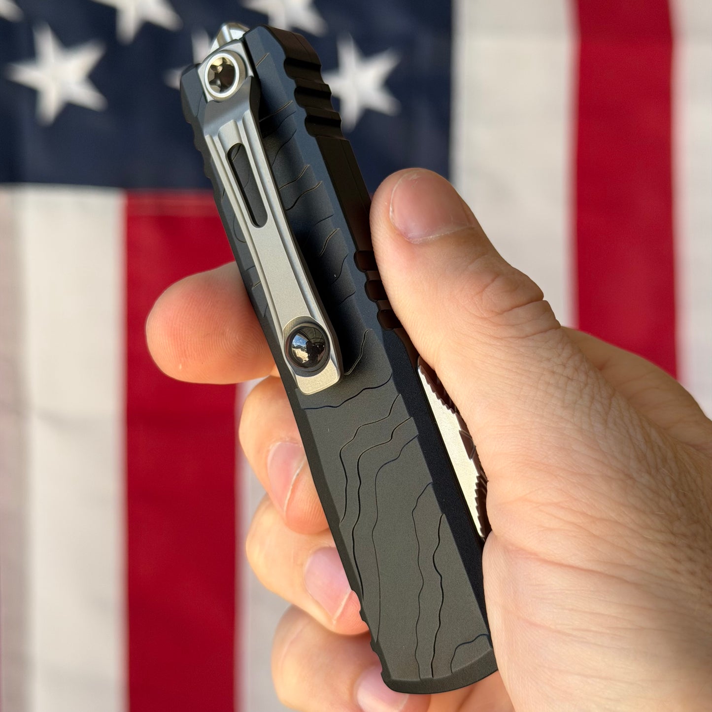 Microtech UTX-85 Gen IV 3.11" OTF – Spartan Blade, Black Topographic Deep Engraved Handle, M390MK Stonewash – BSA26 – Made in USA (12304TP-10)
