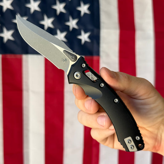 Microtech Amphibian Mini Ram-Lok 3.25" – Black Aluminum, M390MK Apocalyptic – Made in USA (137MRL-10AP)