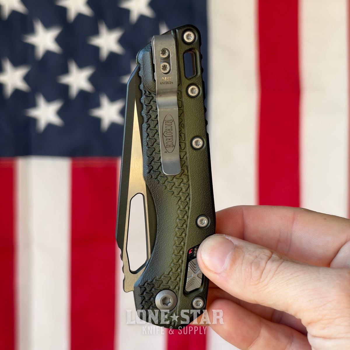 The Back Door: Microtech MSI S/E Ram-Lok - Tri-Grip Polymer Faded Bazooka, 3.88" M390MK Sheepsfoot - Made in USA (210T-1PMFBO) (Trade In)