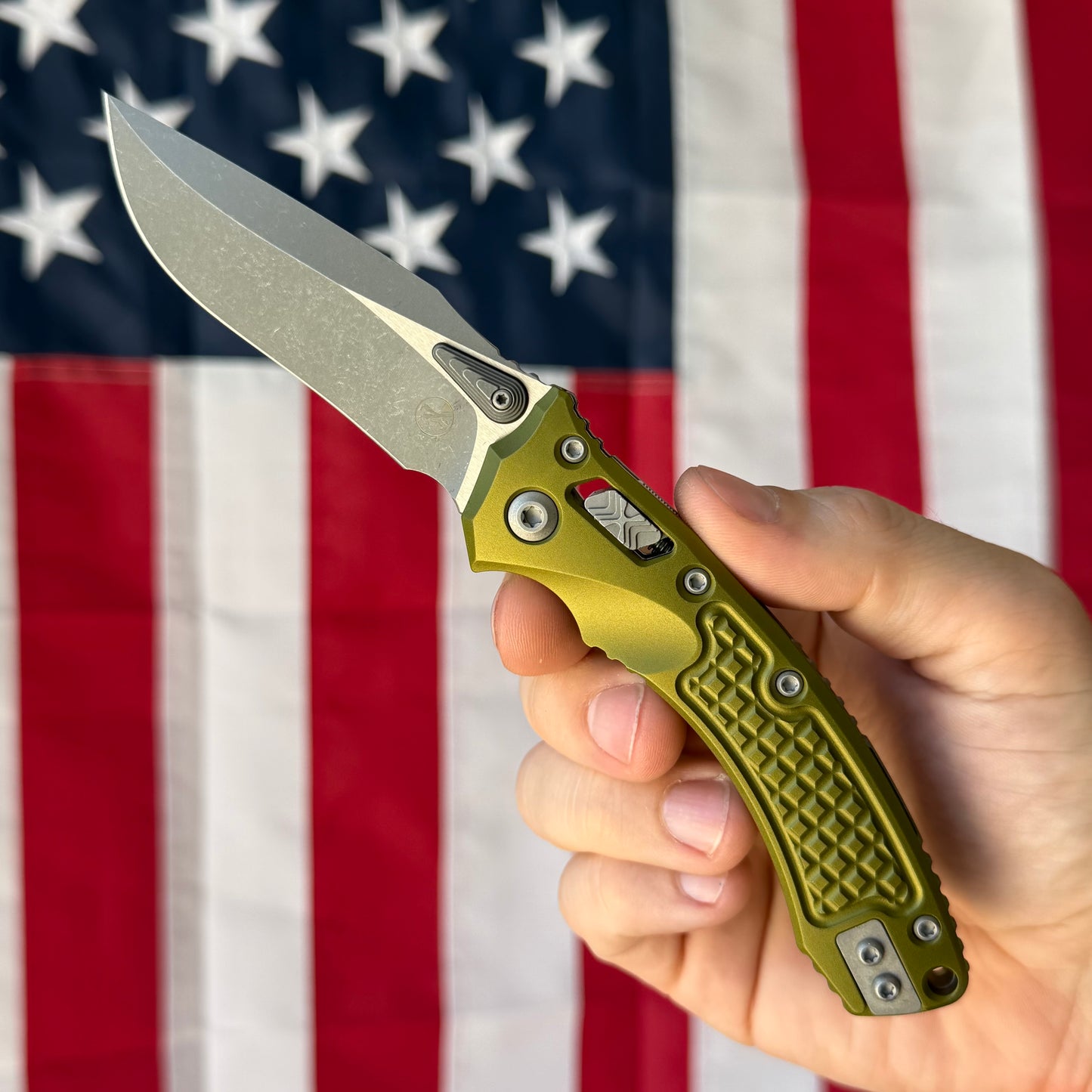 Microtech Amphibian Mini Ram-Lok 3.25" – OD Green Frag Aluminum, M390MK Apocalyptic – Made in USA (137MRL-10APFROD)
